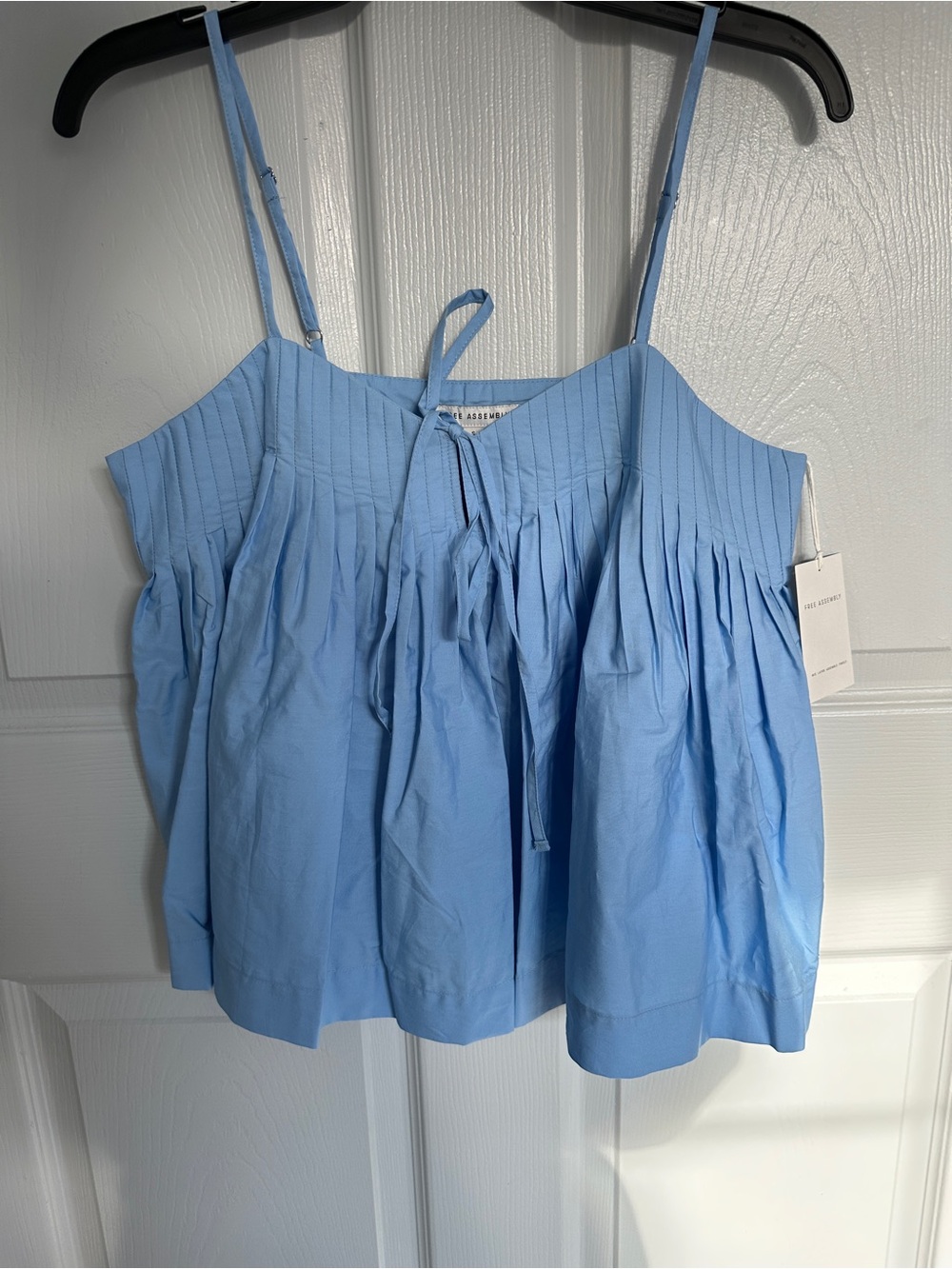 Pleated Light Blue Spaghetti-Strap Camisole with Front Tie